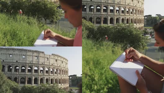 游客在罗马:素描的竞技场高清在线视频素材下载