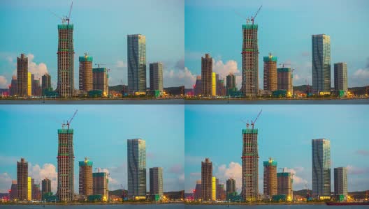 中国阳光日落珠海湾澳门城市酒店建设海岸线全景4k时间高清在线视频素材下载