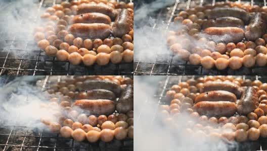 烤制的泰国香肠，慢镜头高清在线视频素材下载