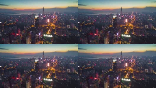 夜光深圳城市景观市中心KK100建筑航拍全景4k倾斜移位时间推移中国高清在线视频素材下载