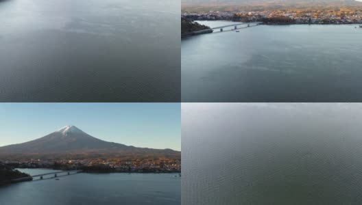 黎明时分富士山和川口湖的鸟瞰图高清在线视频素材下载