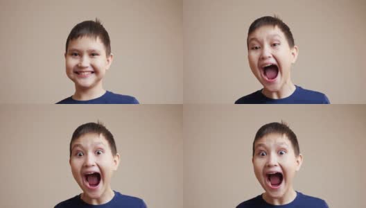 微笑的男孩的肖像张开他的嘴大的慢动作高清在线视频素材下载