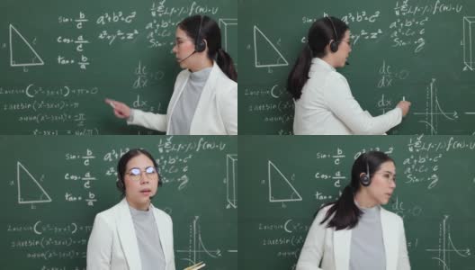 年轻的亚洲女教师与学生在摄像机视频会议上讲话。女教师在课堂上培训数学黑板在线课程。高清在线视频素材下载