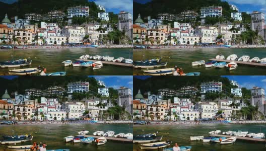 美丽的Cetara景色，夏天的船只，意大利阿马尔菲海岸，时间流逝高清在线视频素材下载