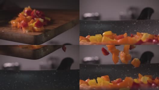 将切碎的甜椒放入平底锅中，慢镜头，240帧/秒高清在线视频素材下载