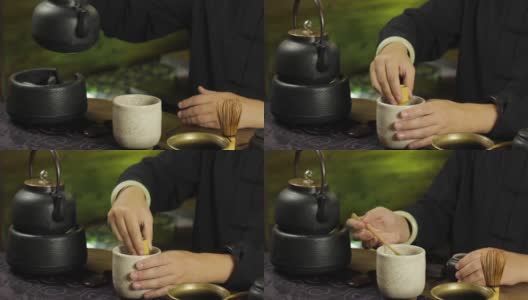 用传统日本料理在餐桌上冲泡抹茶的过程高清在线视频素材下载
