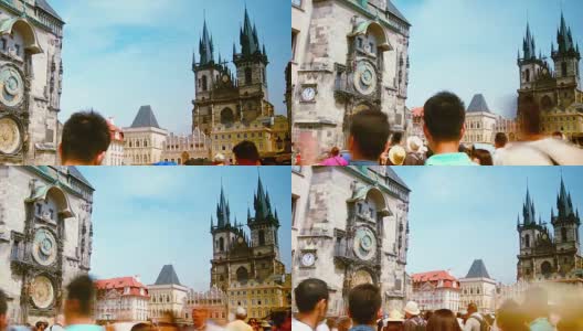 人们走过天文钟和布拉格市中心的旧时代广场的时间流逝。高清在线视频素材下载