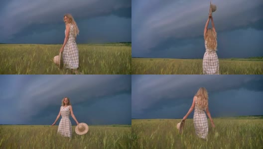年轻美丽的灵感女孩的剪影是走在田野的雨天，自由的概念高清在线视频素材下载