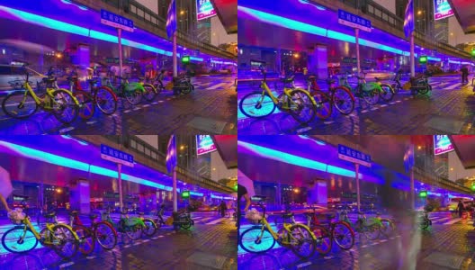 夜光照亮上海交通路口自行车停放4k时间中国高清在线视频素材下载
