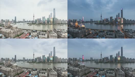 4K时间流逝(白天到夜晚)-上海城市天际线和城市景观高清在线视频素材下载