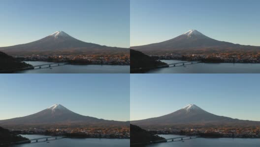 黎明时分富士山和川口湖的鸟瞰图高清在线视频素材下载