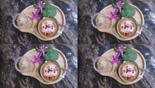 用智能手机拍摄木盘上的咖啡饼干高清在线视频素材下载