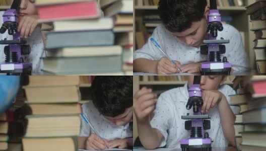 男孩看着紫色的显微镜，扭曲透镜，在笔记本上写下溶液。高清在线视频素材下载