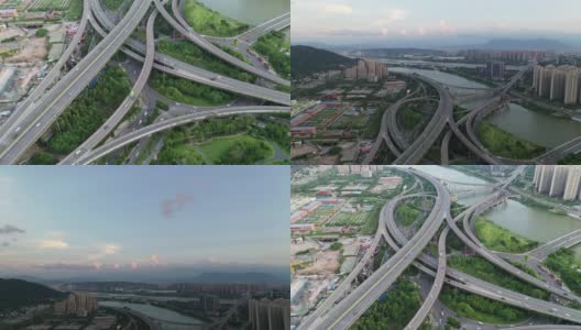 鸟瞰这座城市复杂的高架桥景观，镜头上下摇摆。高清在线视频素材下载