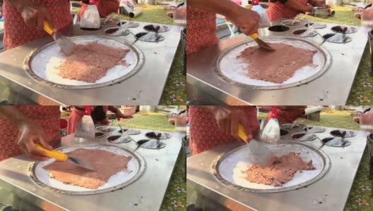 制作传统泰国卷炒冰淇淋的特写镜头高清在线视频素材下载
