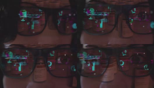 佩戴现代眼镜的女性智能眼镜和现实概念与Corona疫苗屏幕。虚拟技术。高清在线视频素材下载