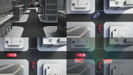 自动驾驶汽车连接交通信息控制系统，避开车，十字路口无人车辆，俯视图，4k动画。高清在线视频素材下载