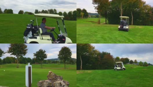 高尔夫球手驾驶高尔夫球车与高尔夫球袋在高尔夫球场高清在线视频素材下载