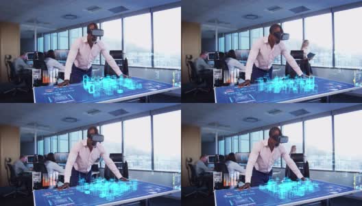 一个商人的动画戴着VR头戴着一个3d计划在桌子上高清在线视频素材下载