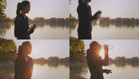 迷人的亚洲少女饮水后，跑步和在公园里补水高清在线视频素材下载