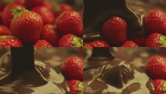 液体巧克力覆盖草莓堆高清在线视频素材下载