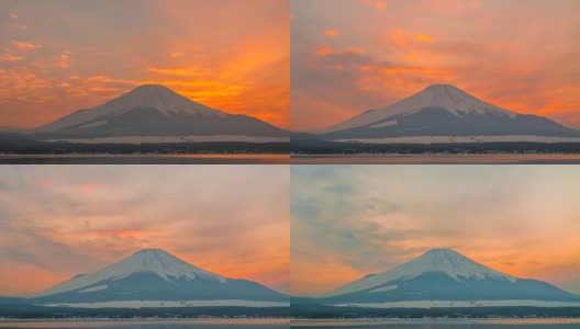 4k时间推移日落富士山与川口湖冰封，冬季，日本高清在线视频素材下载