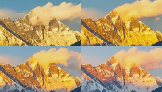 黄金珠穆朗玛峰，喜马拉雅山，通往珠穆朗玛峰大本营之间的景观，尼泊尔。雪山是世界上最高的山峰。高清在线视频素材下载