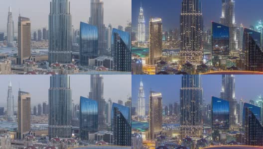 迪拜市中心的天际线昼夜交替，最高的建筑和谢赫扎耶德的道路交通，阿联酋高清在线视频素材下载