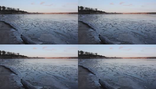 俄罗斯西伯利亚鄂毕河水库，秋天河面结冰高清在线视频素材下载