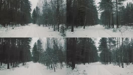 鸟瞰冬日森林中的积雪小径。镜头慢慢向前移动。冷杉是冬天的木材高清在线视频素材下载