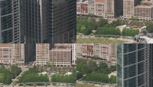 从芝加哥市中心的建筑后面看到云门。高清在线视频素材下载