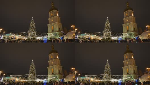 索菲夫斯卡广场的圣诞景色。人们走在城市的主要广场上。快乐的人们在基辅市中心广场上享受节日音乐会。高清在线视频素材下载