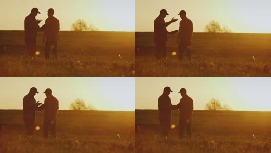 两个农业家紧紧地握着手。他们在美丽的日落下在球场上聊天，他们使用平板电脑。交易高清在线视频素材下载