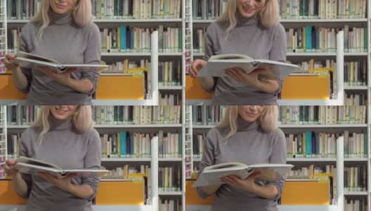 女性读者在图书馆看书时翻动书页高清在线视频素材下载