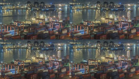 4K延时:码头商埠的集装箱货物仓库和工作吊桥在夜间进行集装箱装卸，用于商业物流、进出口、海运或运输。高清在线视频素材下载