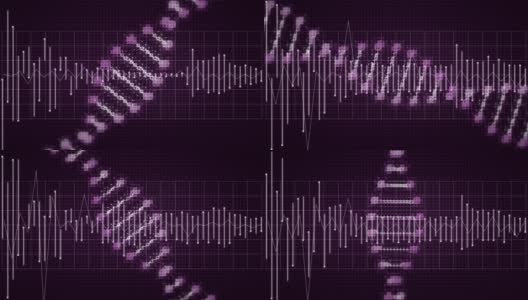 在紫色背景下，以声波上下旋转的DNA株动画高清在线视频素材下载