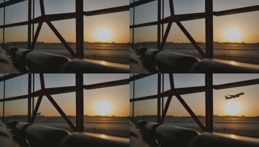 日落时分，一架飞机在北京机场的一扇窗户后面起飞高清在线视频素材下载