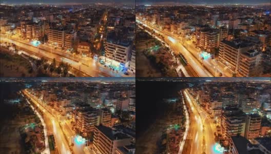 4K全空中夜间延时(hyperlapse)，雅典市中心繁忙的高速公路高清在线视频素材下载