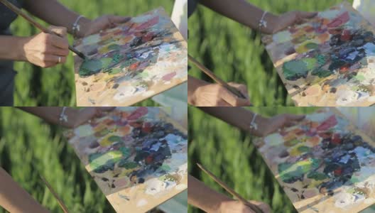 在田野里用油画颜料作画的女艺术家高清在线视频素材下载