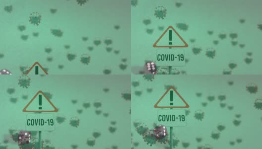 绿色背景的骰子上漂浮着新冠病毒细胞和警告标志的动画高清在线视频素材下载