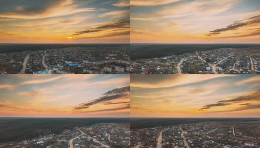 白俄罗斯戈麦尔地区的多布拉什。农村住宅小区鸟瞰图。阳光明媚的秋天的夜晚。日落时，太阳照耀在城镇的天际线上。Hyperlapse高清在线视频素材下载