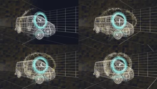 在货车和网格的三维绘图模型上制作时钟和人脑的动画高清在线视频素材下载