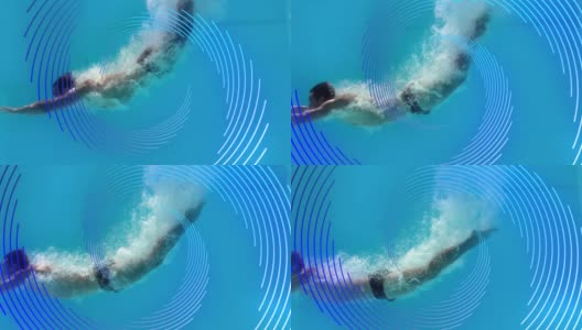 动画旋转蓝线螺旋旋转在男性游泳者水下高清在线视频素材下载