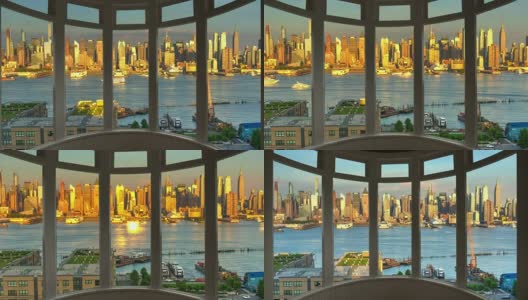 纽约城市景观黄昏时间流逝窗口全景城市景观曼哈顿高清在线视频素材下载