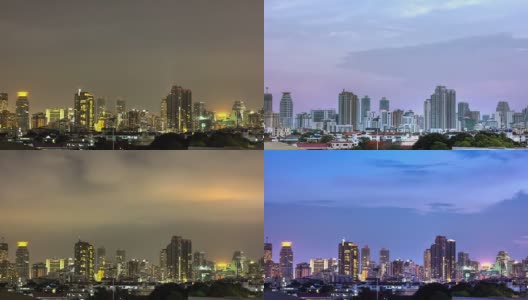 曼谷城市天际线白天黑夜随着闪电流逝高清在线视频素材下载