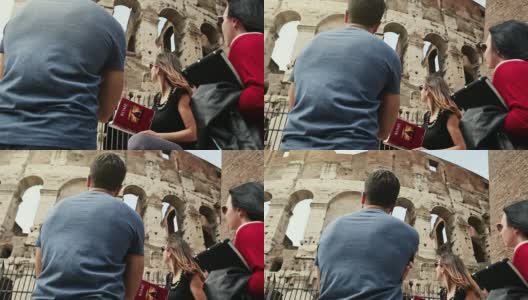 游客和导游在罗马竞技场前高清在线视频素材下载