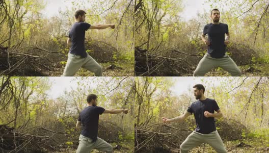一个年轻人在春天的森林里练习空手道。高清在线视频素材下载