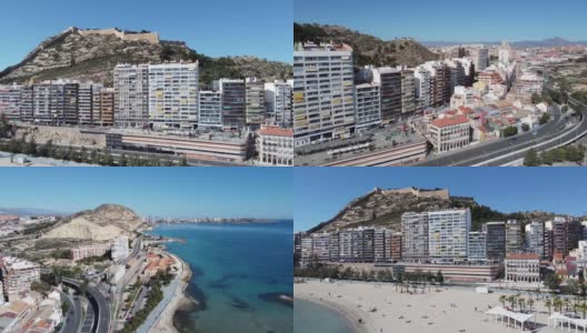 从西班牙阿利坎特市上空俯瞰海滩棕榈树高清在线视频素材下载