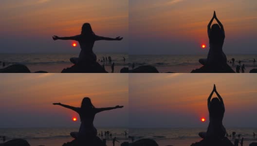 年轻的亚洲女人伸展瑜伽姿势在海滩上高清在线视频素材下载