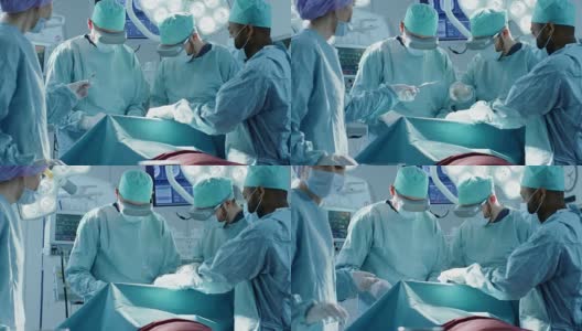 外科医生戴着虚拟现实眼镜在技术先进的医院进行最先进的手术。在手术室工作的医生和助手。高清在线视频素材下载